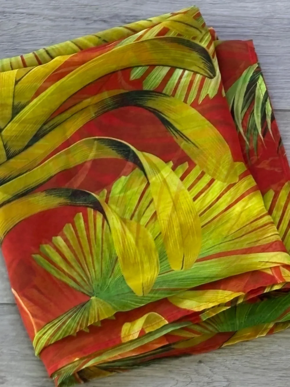 Vintage Anne Klein Large Rectangular Scarf Red Yellow Green Tropical Print Sheer